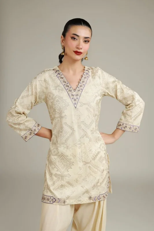 Khaadi Geometric Silk Kurta | Embroidered Raw Silk