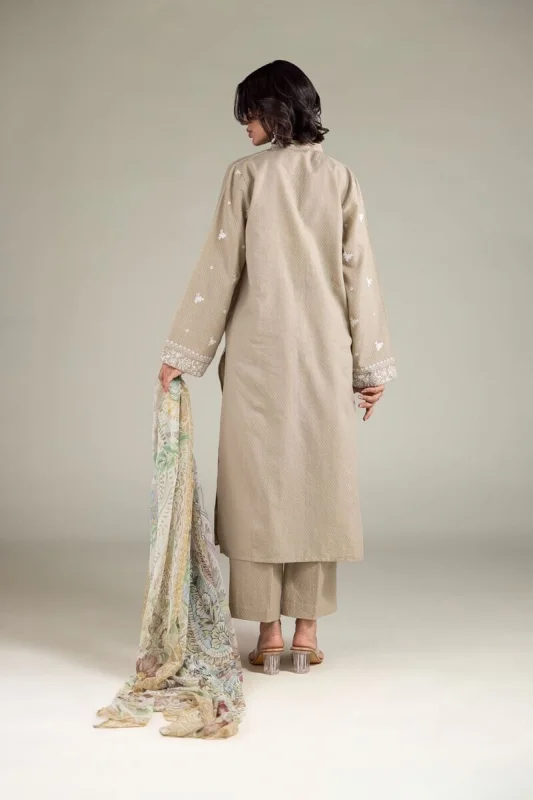 Khaadi Tailored 3-Piece Set | Embroidered Cotton Dobby, Beige