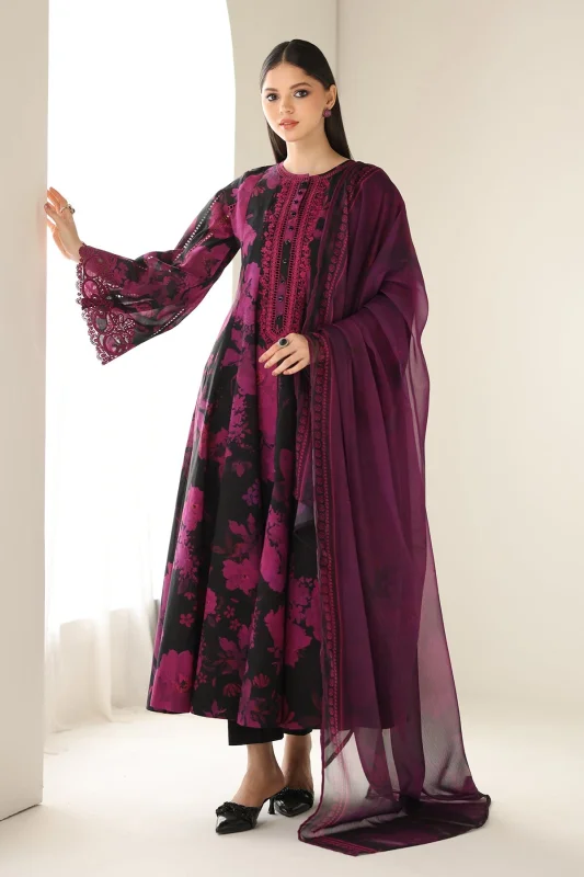 Baroque Embroidered Printed Lawn 3-Piece | SF-4174, Black & Magenta image