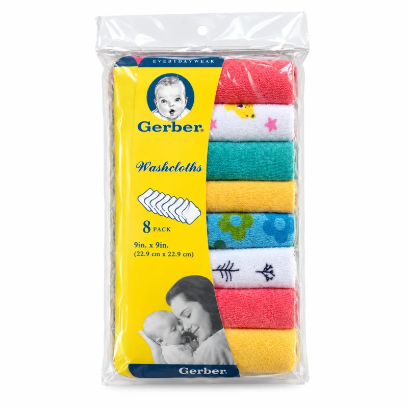 Gerber Multicolor Soft Cotton Baby Washcloths 8-Piece Set – Absorbent Newborn Face Towel & Feeding Wipes for Babies