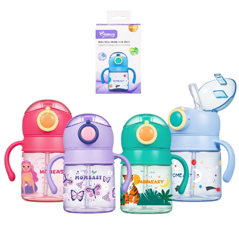 Momeasy Baby Water Bottle with Soft Silicone Straw, Leakproof Flip-Top Lid & Twin Handles – 240ml