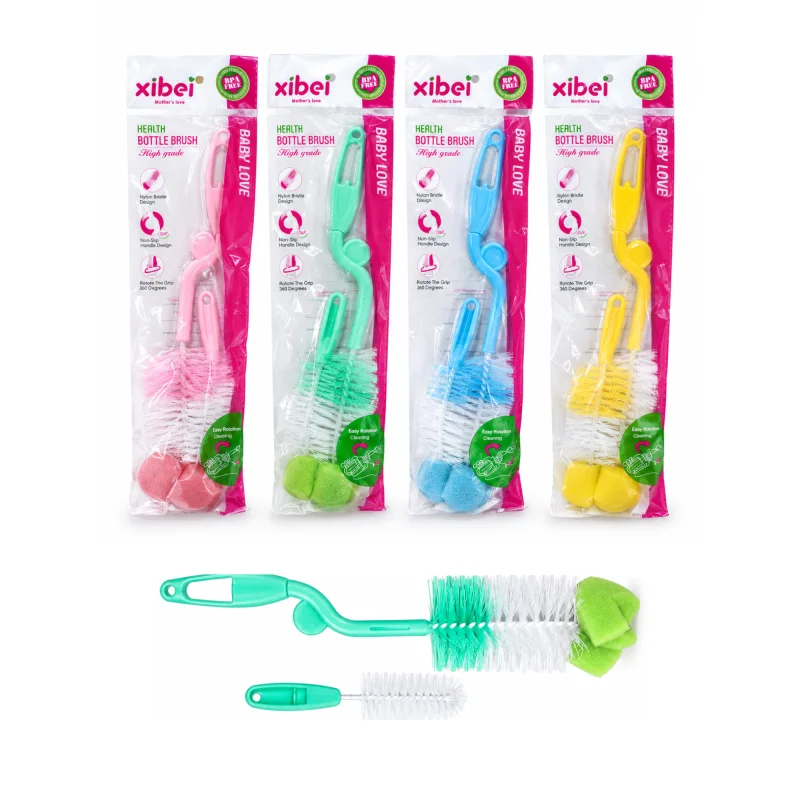 Xibei 2-in-1 360° Rotating Plastic Baby Bottle Cleaning Brush with Integrated Nipple Cleaner for Feeding Bottles & Accessories