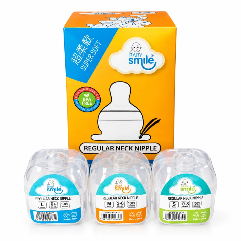 Baby Smile Super Soft Liquid Silicone Regular Neck Anti-Colic Baby Bottle Nipple – BPA-Free Feeding Teat (Size S/M/L) image