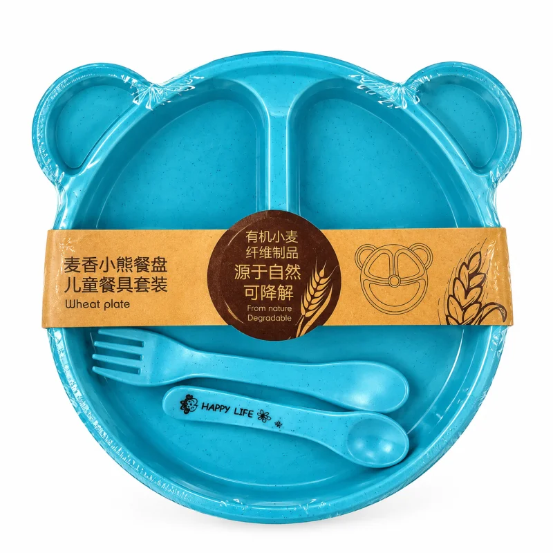 Food-Grade Organic Fiber Baby Feeding Product – BPA-Free, Non-Toxic Fedding plate with fork and spoon. image