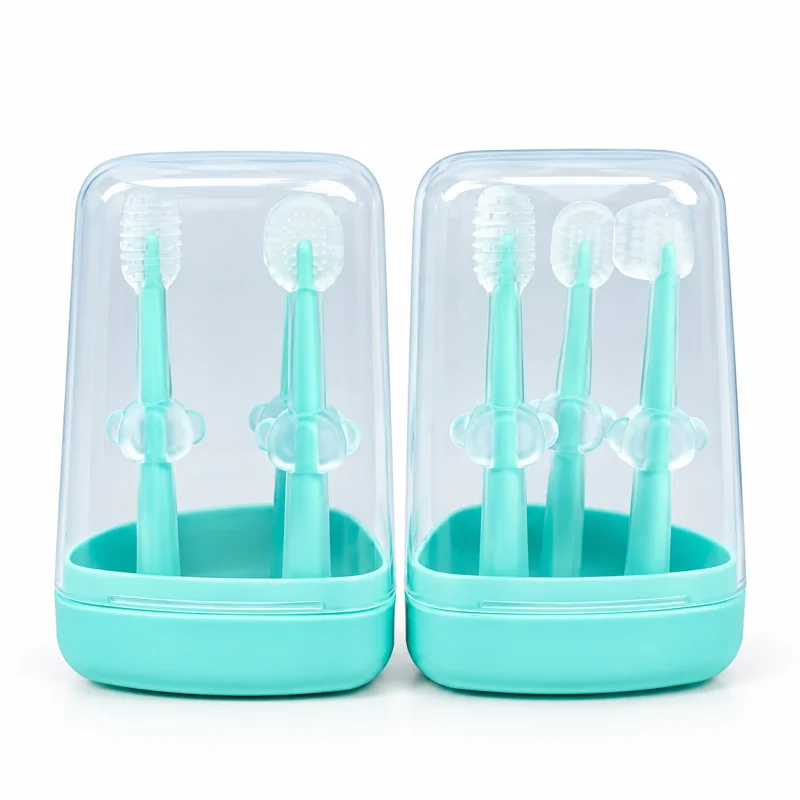 Baby Silicone Oral Care 3-in-1 Training Toothbrush & Tongue Cleaner Set with Safety Guard and Storage Case for Newborns & Toddlers
